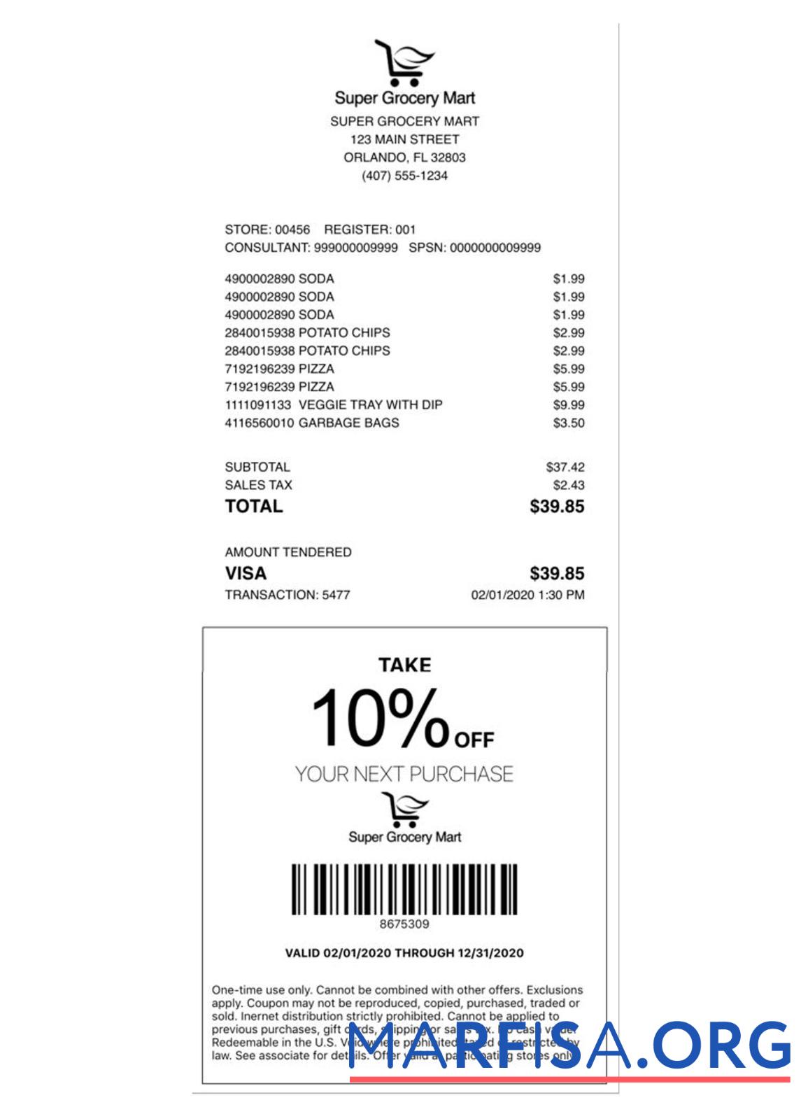 Blank SUPER GROCERY MART payment receipt real example